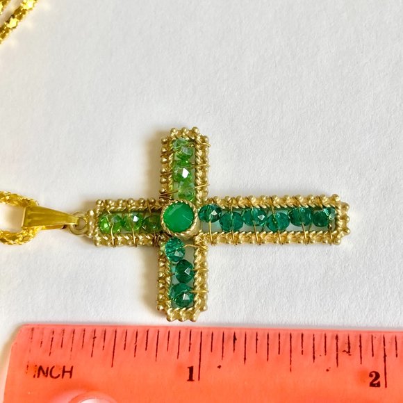 Vintage Gold Bead Cross Pendant Necklace Green Hand Beaded Plated 22" Christian - Picture 11 of 11